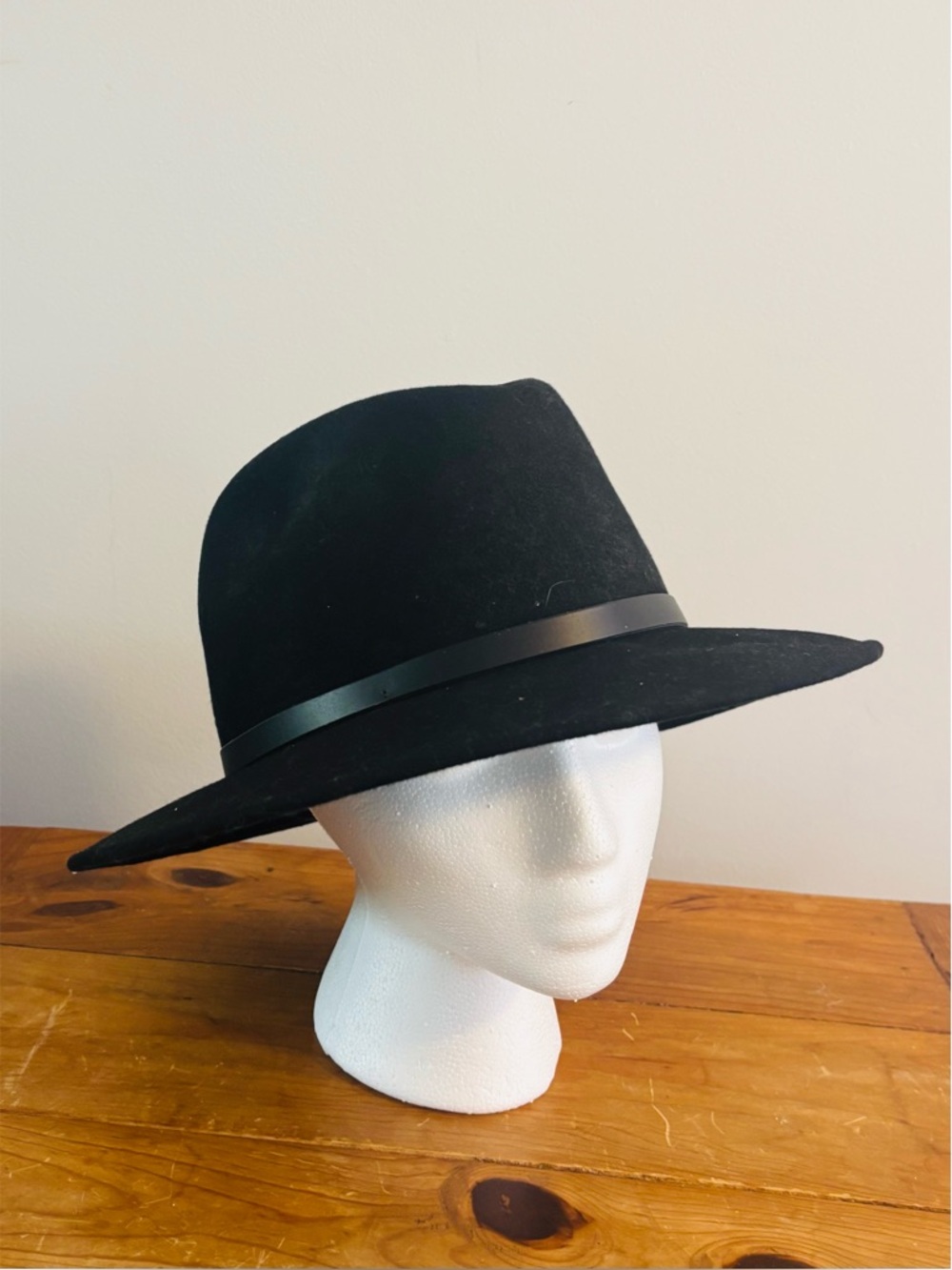 Gelso Bianco Italy Wide-Brim Black 100% Wool Fedora Hat Leather Trim Detail-M-L